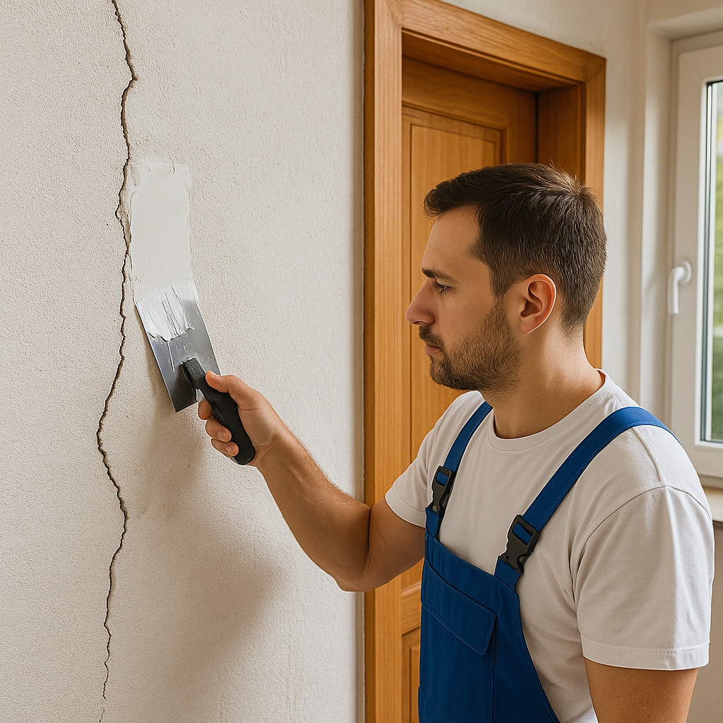 Trabalhador a reparar fissura numa parede durante obra de remodelação