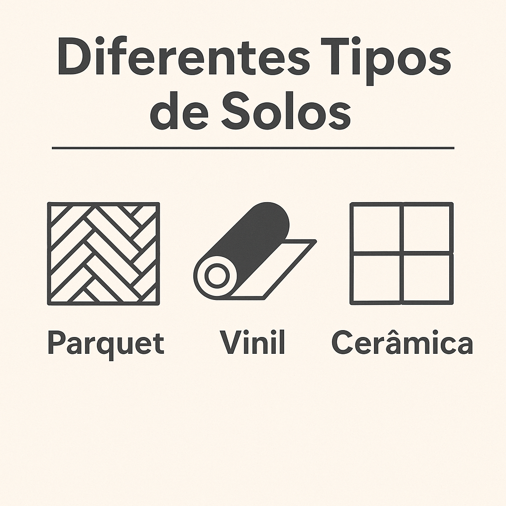 Imagem que illustra os differentes tipos de solos com icones sobre o artigo "Tipos de pavimentos para remodelar a sua casa"