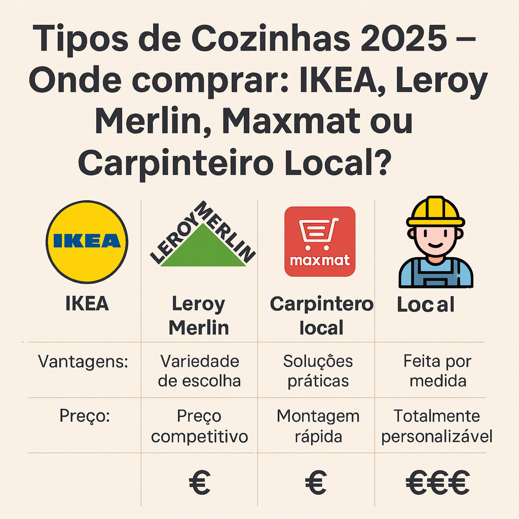 A imagem compare os differentes tipos de cozinhos Ikea, Leroy merlin, Maxmat, Carpinteiro para o Artigo "Tipos de Cozinhos 2025"