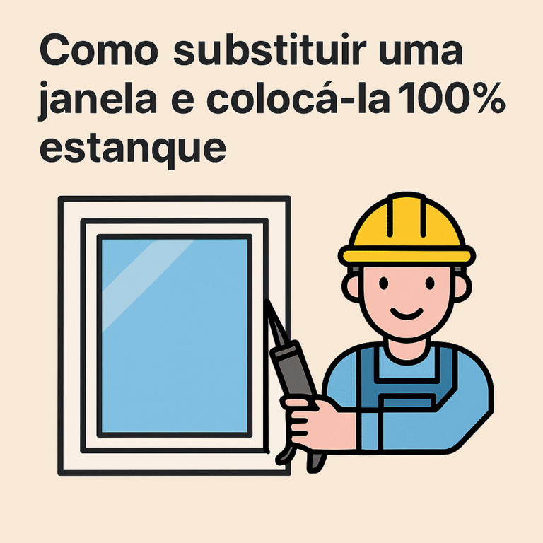 A imagem descreve como substituir uma janela, com o logo de uma janela e de um trabalhador a instalar a janela