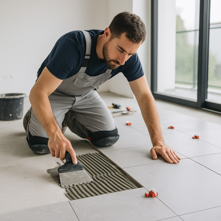 A imagem ilustra um homem a colocar ceramica no chao