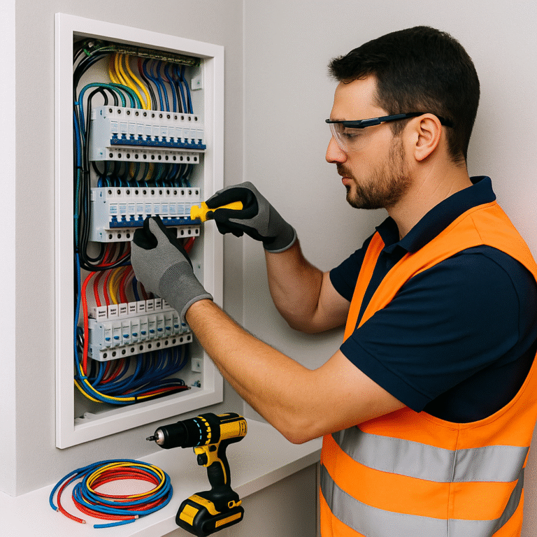 Esta um eletricista a instalar um quadro eletrico
