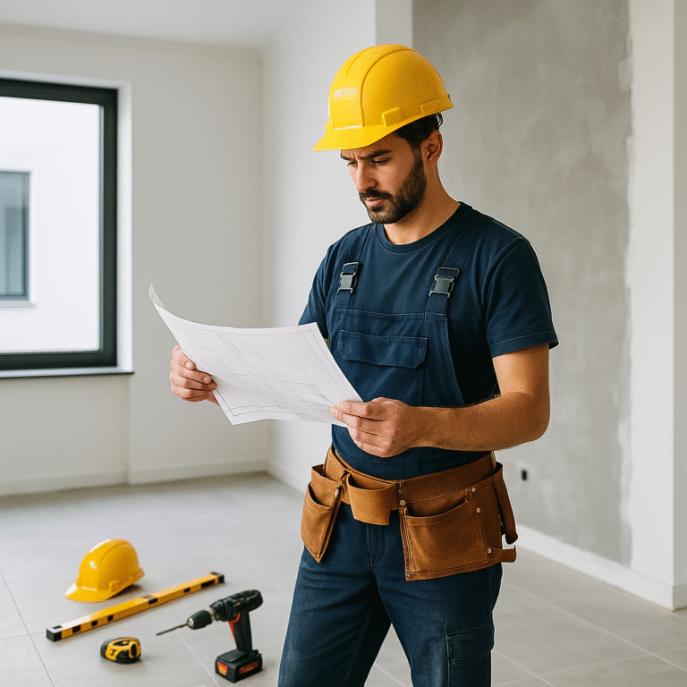 Um professional da remodelçao esta a ler um plano na imagem para preparar o projeto