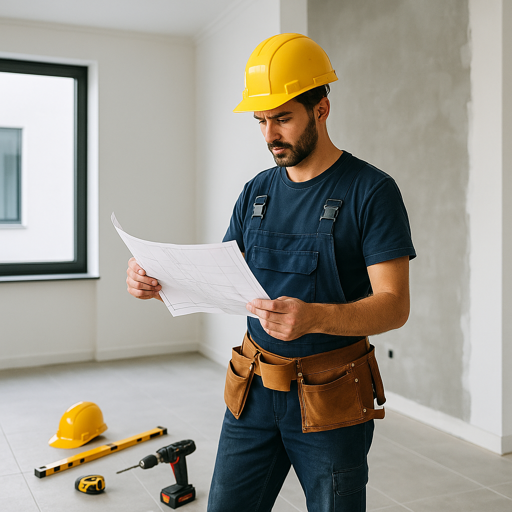 Um professional da remodelçao esta a ler um plano na imagem para preparar o projeto