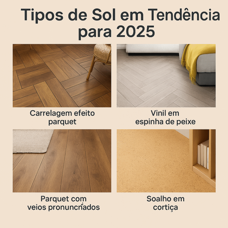 A imagem tenhe 4 typos de pavimentos representados, vinil, azulejos, cortiça, parquet
