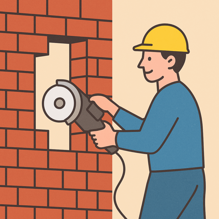 A imagem descreve um trabalhador que esta com uma maquina a cortar uma parede para crear uma abertura