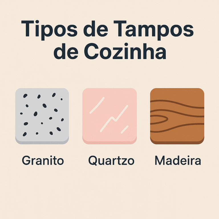 A imagem descreve um fundo beige, com o titulo do artigo em grande e illustra os differentes tipos de tampos "Granito" "Quartzo" "Madeira" na imagem
