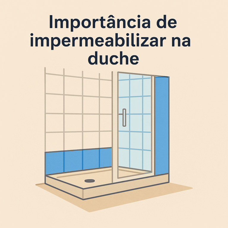 A imagem descreve o titulo do artigo, uma duche com azulejo, painel de duche, base de duche e representa em azul os sitios a impermeabilizar