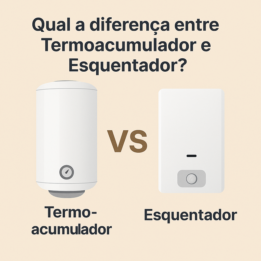A imagem descreve um fundo beige claro, com o titulo em grande e a imagem de um termoacumulador e esquentador