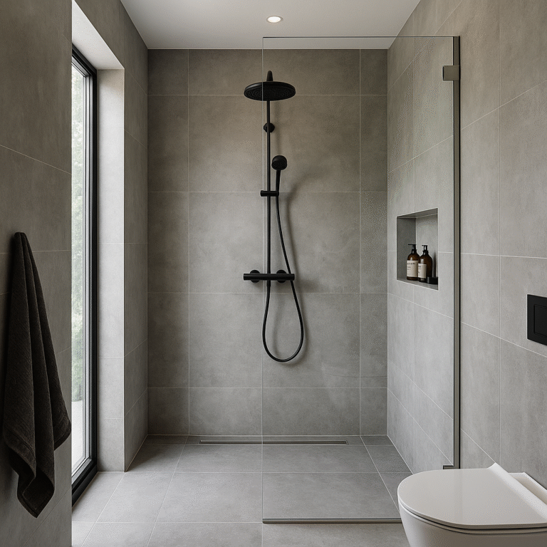 A image ilustrana uma ducha a italiana, muinta moderna, com grandes azulejos cizentos de 80 cm x 80cm que cria muita elegencia.