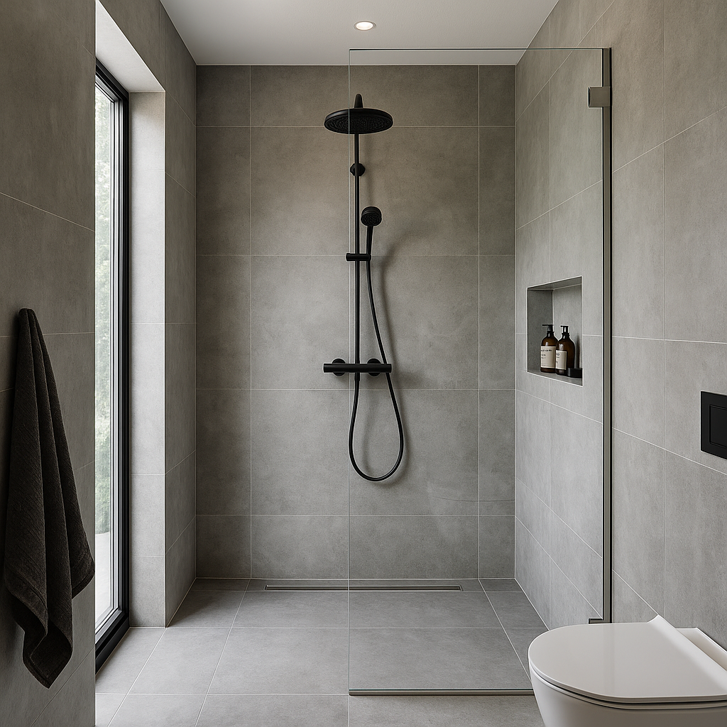 A image ilustrana uma ducha a italiana, muinta moderna, com grandes azulejos cizentos de 80 cm x 80cm que cria muita elegencia.