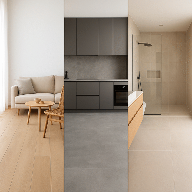 A Imagem ilustra 3 peças, com pavimentos adaptados em Sala, Cozinha e Casa de Banho