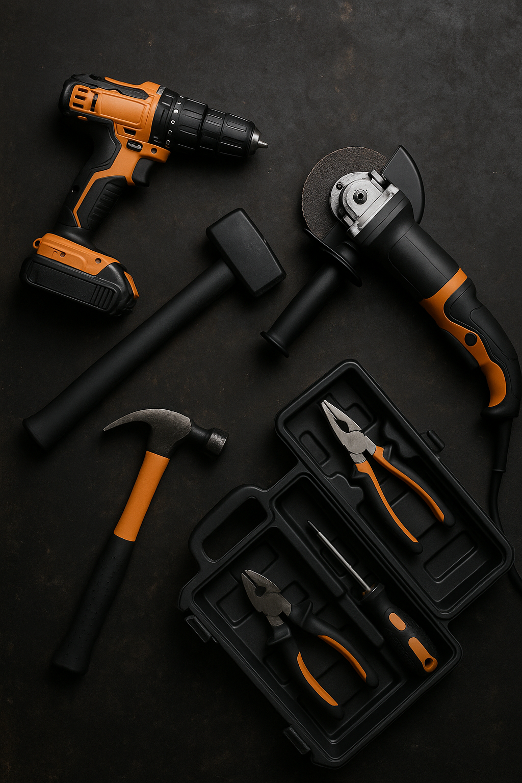 A Imagem tenhe um fundo preto com ferrementas de construçao