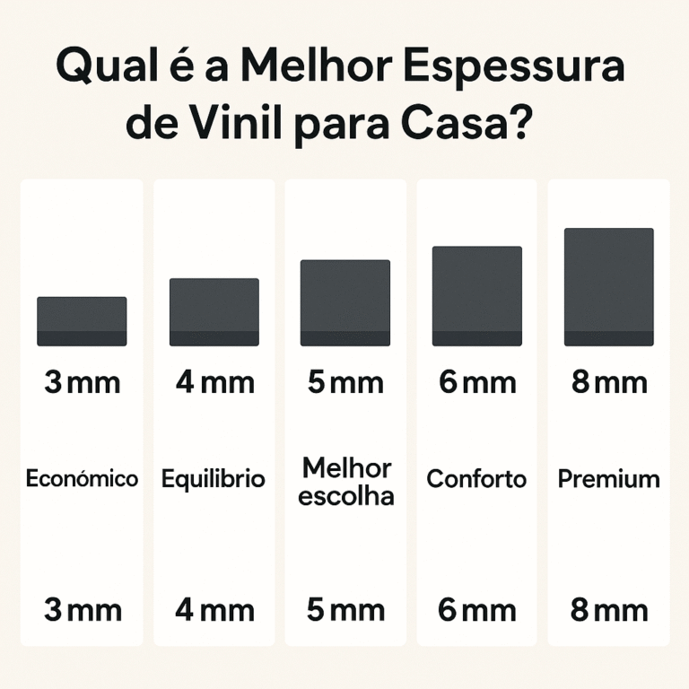 A imagem descreve um fundo beige, com a diferentes espessuras de vinil, 3mm, 4mm, 5mm, 6mm, 8mm e as suas vantagens.
