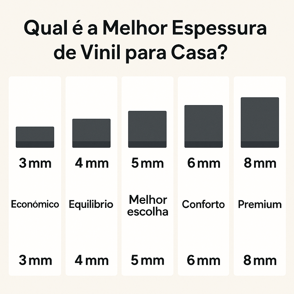 A imagem descreve um fundo beige, com a diferentes espessuras de vinil, 3mm, 4mm, 5mm, 6mm, 8mm e as suas vantagens.