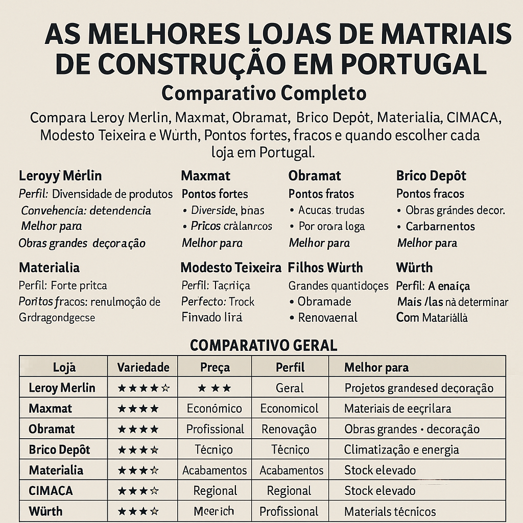 A imagem descreve um fundo beige, com o titulo do artigo e o comparativo entre os pontos fortes e fracos em cada loja de material de construcao