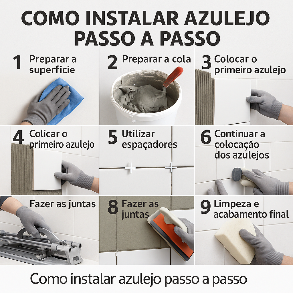 A Imagem descreve um fundo beige, com a diferentes etapas de instalaçao de azulejo com o titulo do artigo