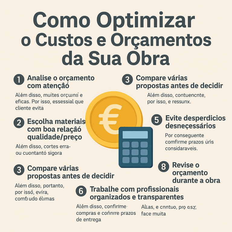 A imagem descreve um fundo beige, com o titulo do artigo e as principais maneiras de optimizar os custos e orçamentos