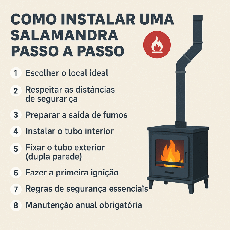 A imagem descreve um fundo beige, com uma imagem de salamandra, o titulo do artigo e as etapas para installar uma salamandra