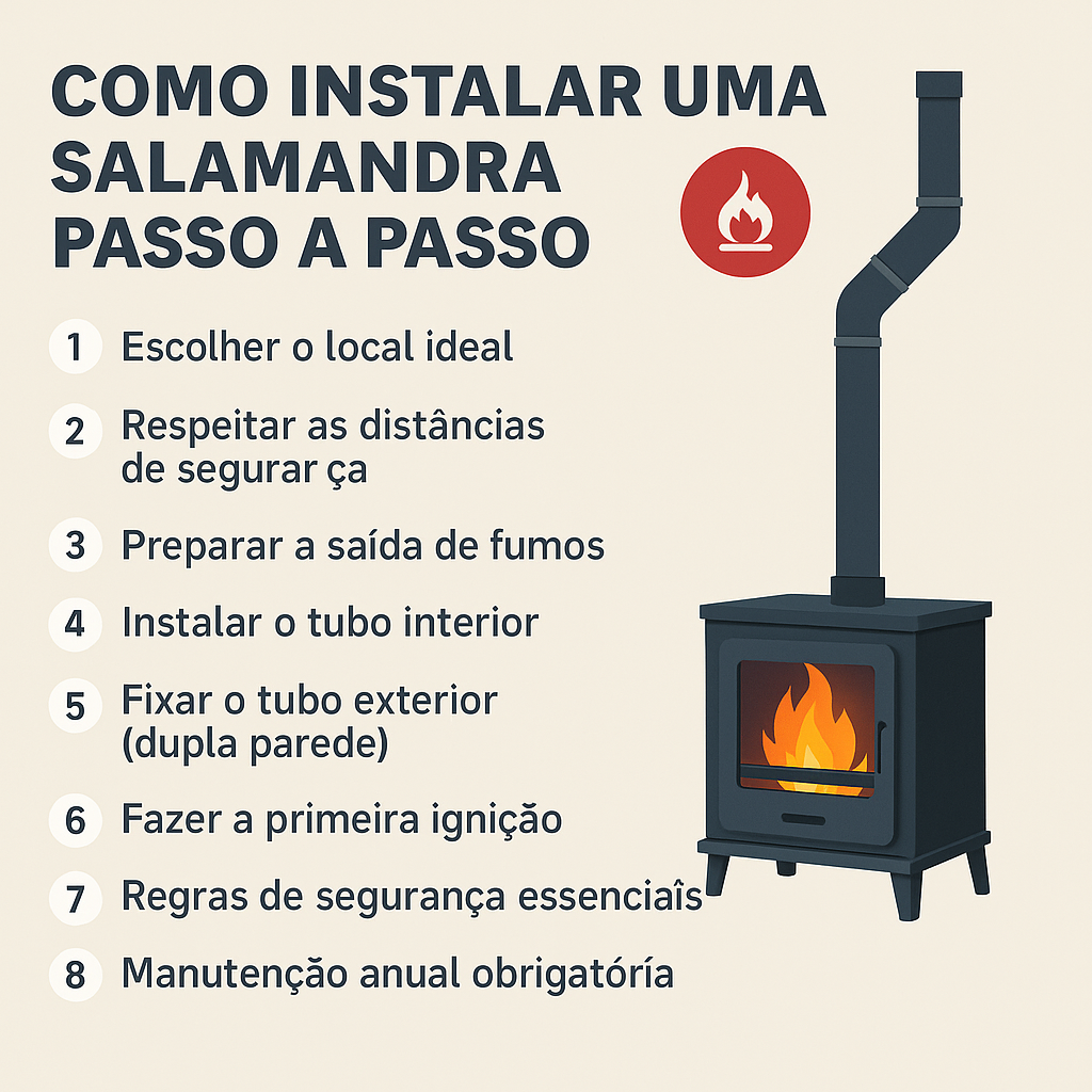 A imagem descreve um fundo beige, com uma imagem de salamandra, o titulo do artigo e as etapas para installar uma salamandra