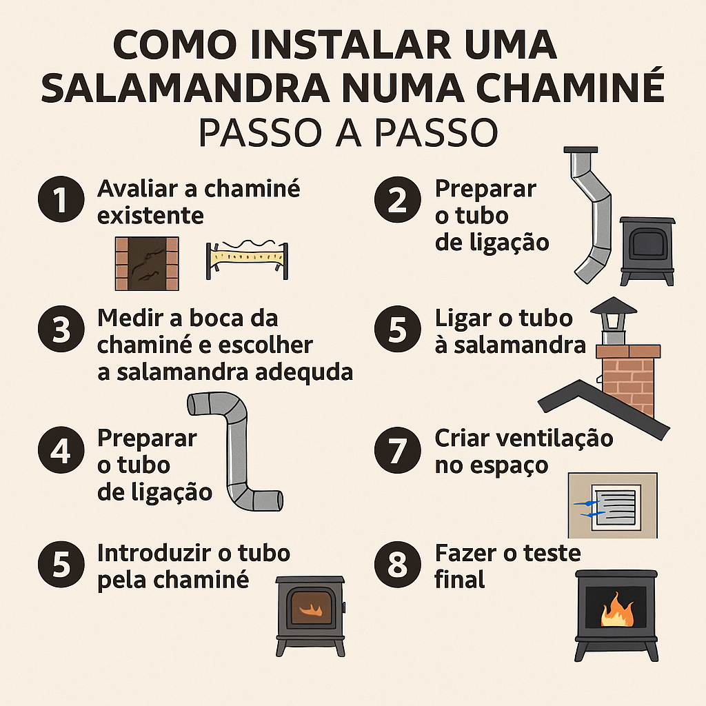 A imagem descreve o titulo do artigo e as 8 étapas para a instalaçao da salamandra na chaminé
