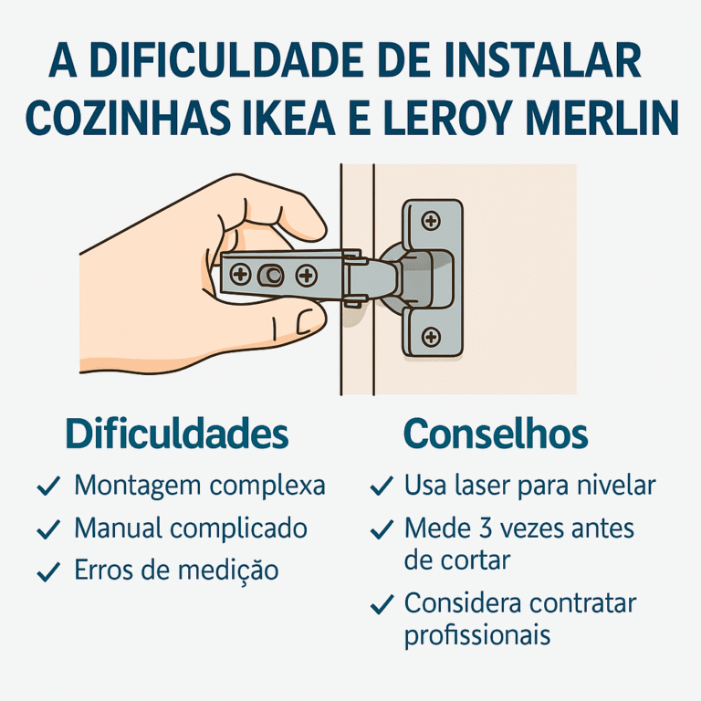 A imagem do artigo descrevre o titulo do artigo, as dificuldades/conselhos e um illustraçao de uma mao a instalar peças de cozinhas