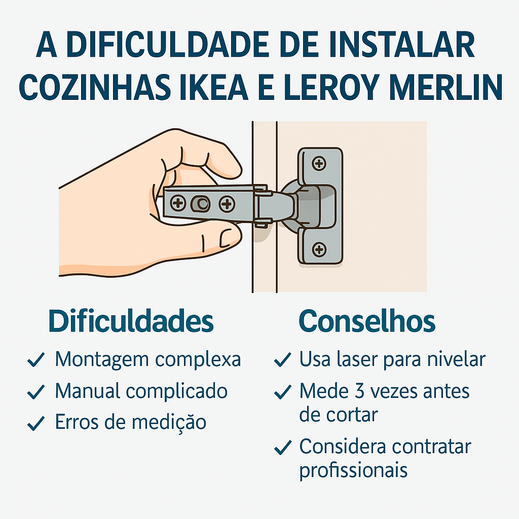 A imagem do artigo descrevre o titulo do artigo, as dificuldades/conselhos e um illustraçao de uma mao a instalar peças de cozinhas
