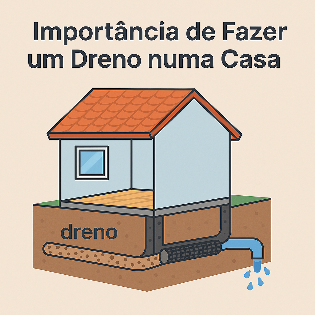 A imagem descreve o titulo do artigo sobre um fundo beige e descreve uma casa com um sistema de dreno