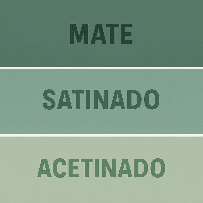 A imagem descreve as tres tintas "Mate" "Satinado" e "Acetinado" num fundo verde