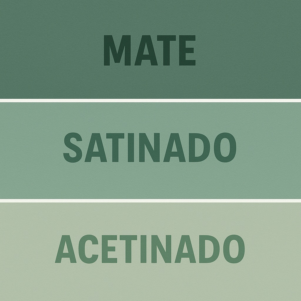A imagem descreve as tres tintas "Mate" "Satinado" e "Acetinado" num fundo verde