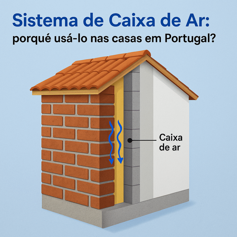 A imagem descreve um fundo azul, com uma casa a mostrar o sistema de caixa de ar com o titulo do artigo